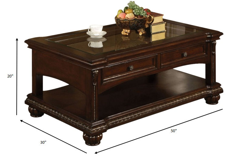 HomeRoots 30" x 50" x 20" Glass Veneer Coffee Table With Cherry Wood Finish