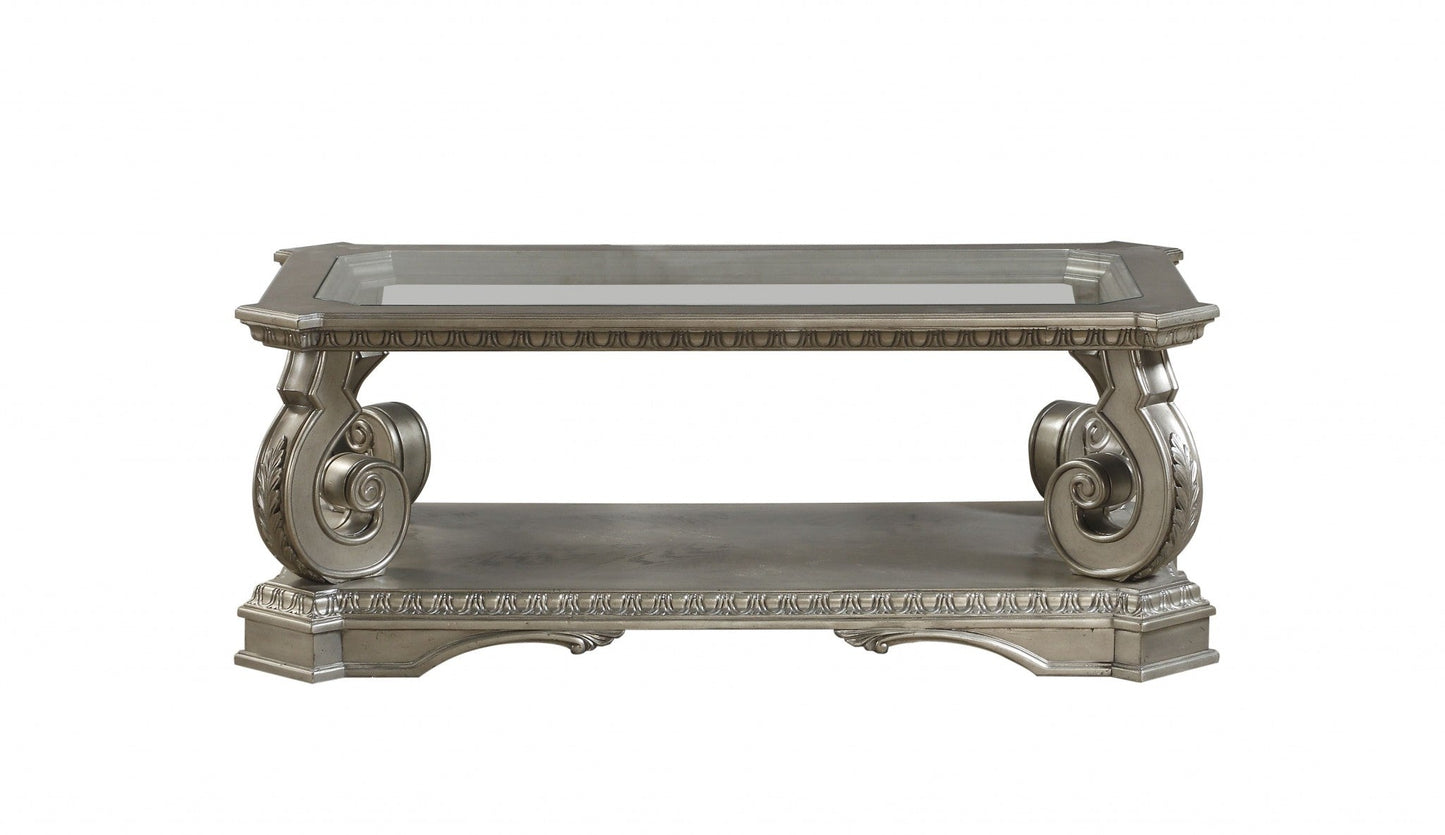 HomeRoots 30' x 54' x 20' Antique Champagne Clear Glass Wood Poly-Resin Coffee Table