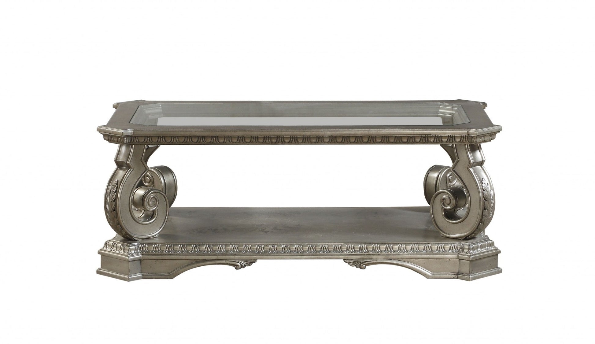 HomeRoots 30' x 54' x 20' Antique Champagne Clear Glass Wood Poly-Resin Coffee Table
