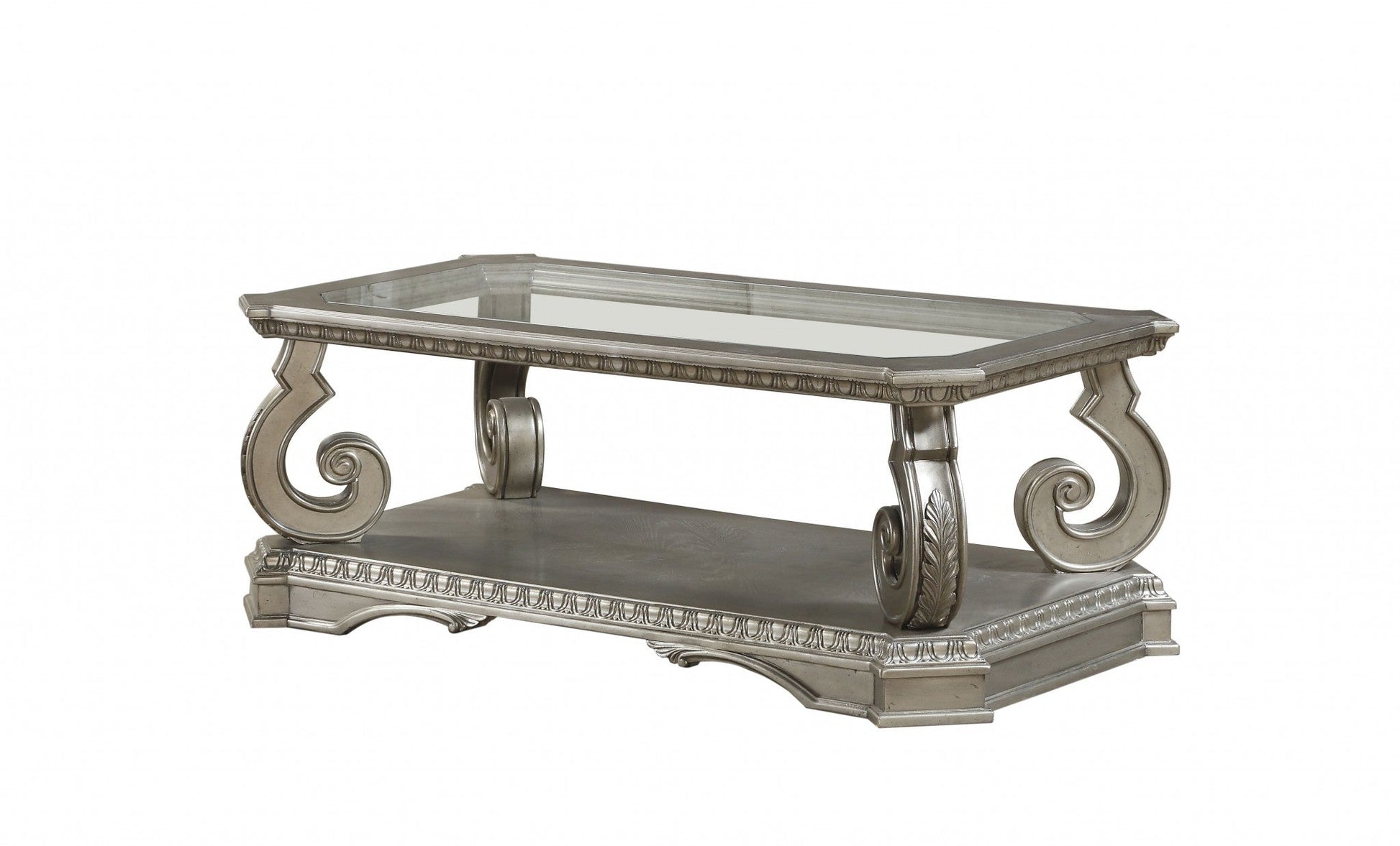 HomeRoots 30' x 54' x 20' Antique Champagne Clear Glass Wood Poly-Resin Coffee Table