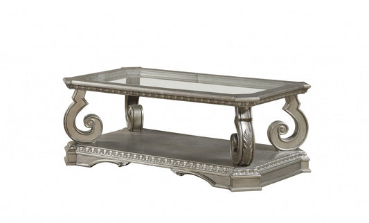 HomeRoots 30' x 54' x 20' Antique Champagne Clear Glass Wood Poly-Resin Coffee Table