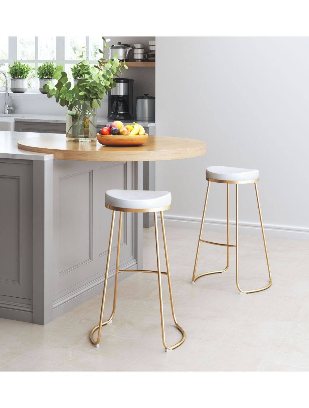 HomeRoots 31" White And Gold Steel Backless Bar Height Bar Chairs in Set of Two