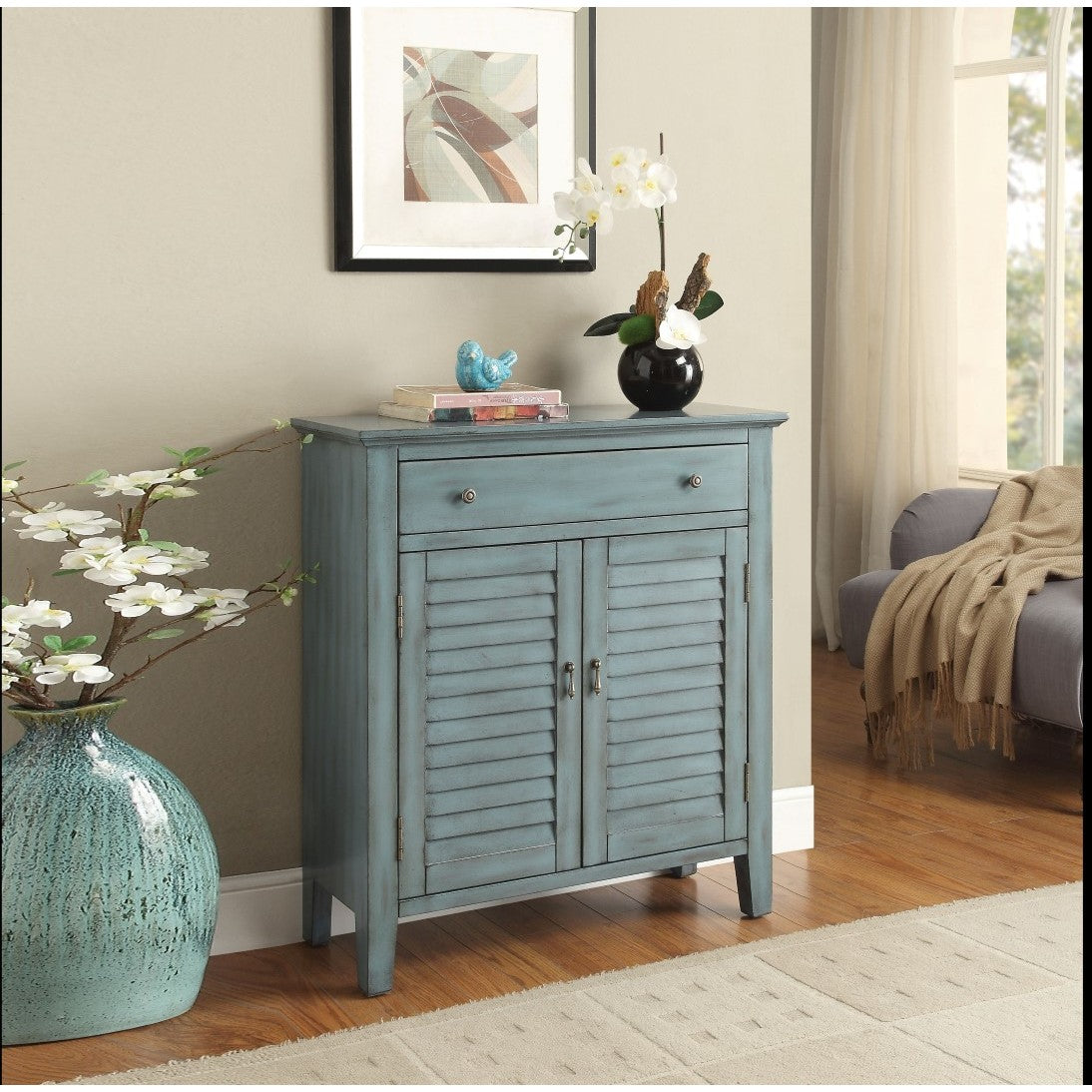 HomeRoots 31" x 12" x 35" Wooden Console Table in Antique Blue Finish