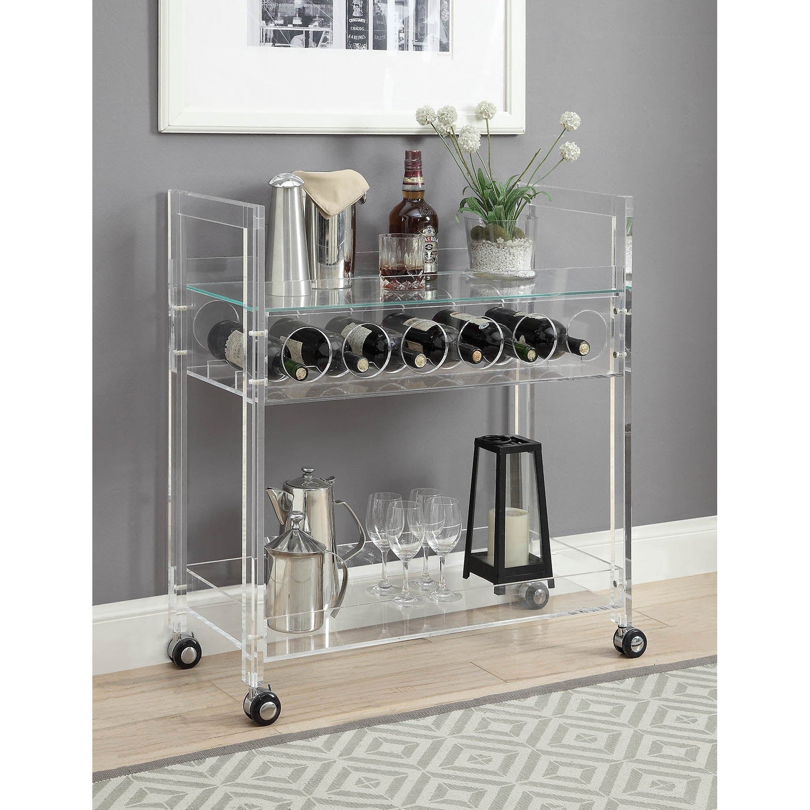 HomeRoots 31" x 16" x 31" Clear Acrylic And Clear Glass Serving Cart