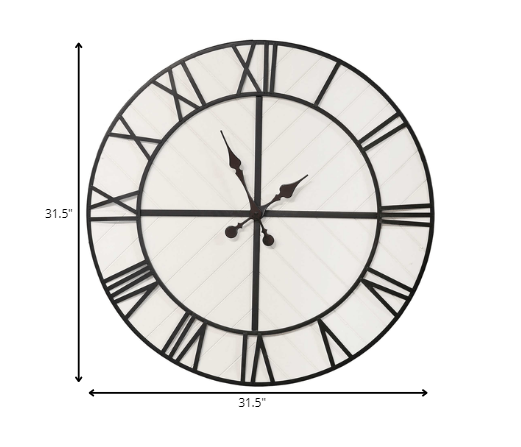 HomeRoots 31.5 White Wood and Black Metal Wall Clock