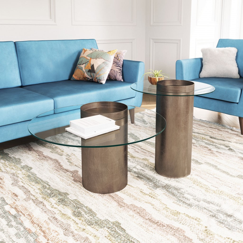 HomeRoots 32" Clear And Antique Gold Glass And Steel Round Coffee Table in Set of Two
