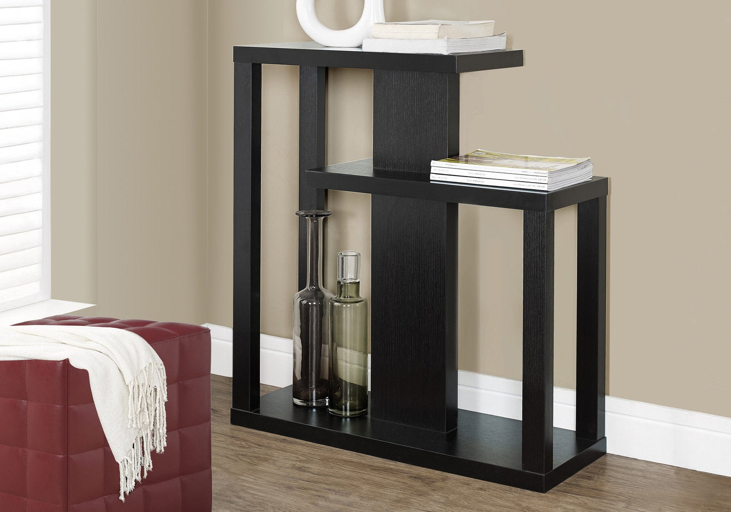 HomeRoots 32" Free Form Floor Shelf Console Table With Storage in Espresso Finish