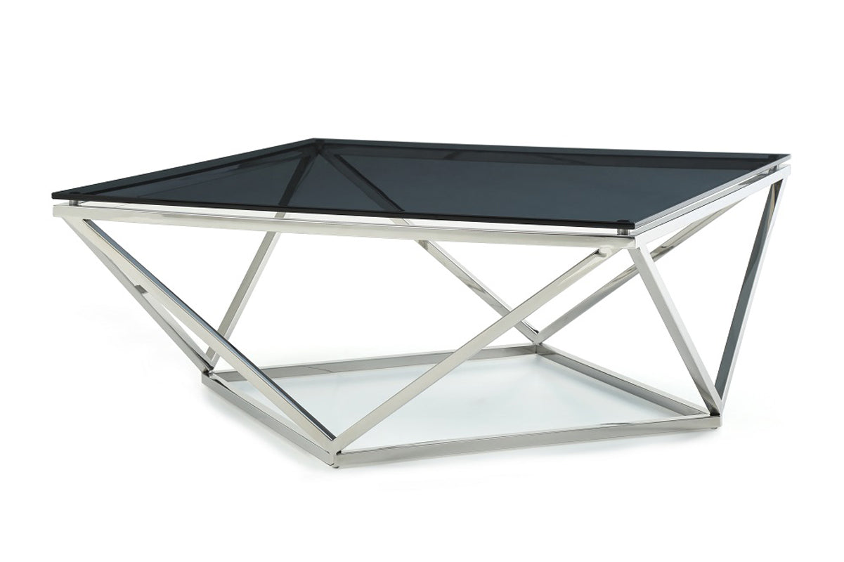 HomeRoots 32' Smoked Glass and Stainless Steel Coffee Table