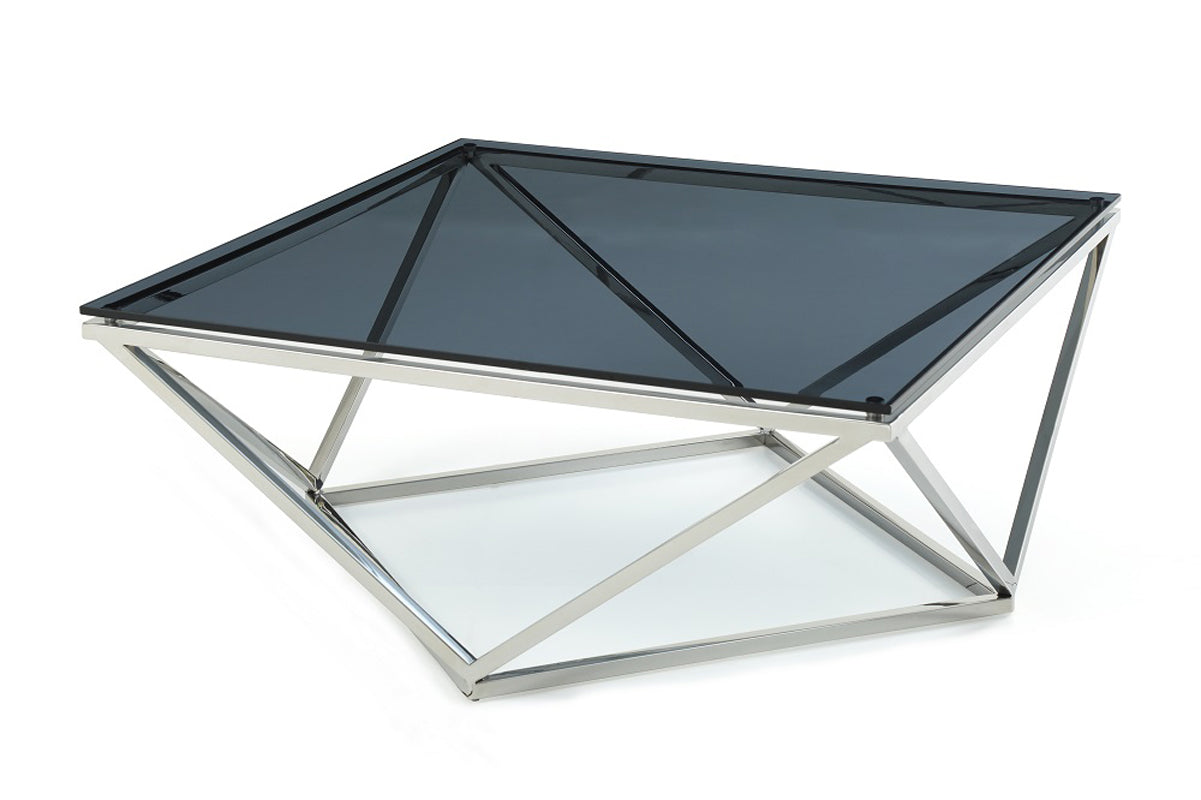 HomeRoots 32' Smoked Glass and Stainless Steel Coffee Table