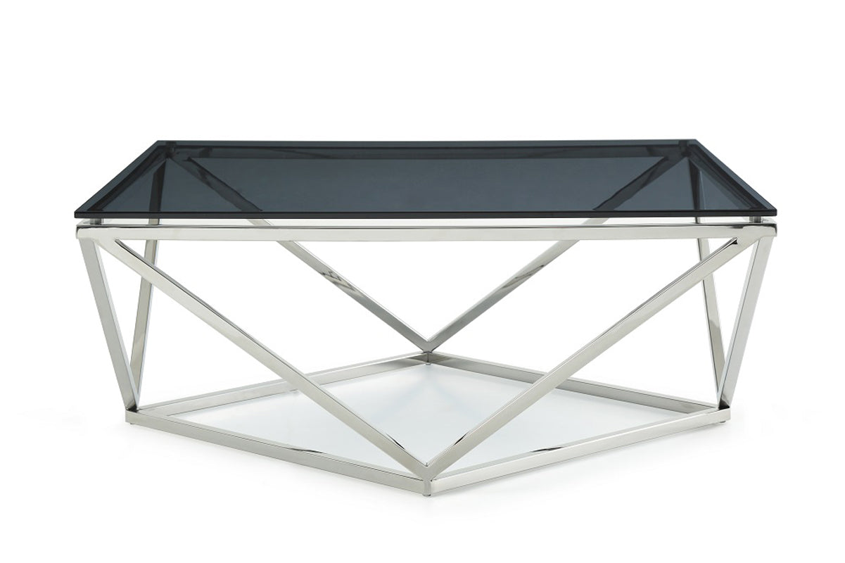 HomeRoots 32' Smoked Glass and Stainless Steel Coffee Table