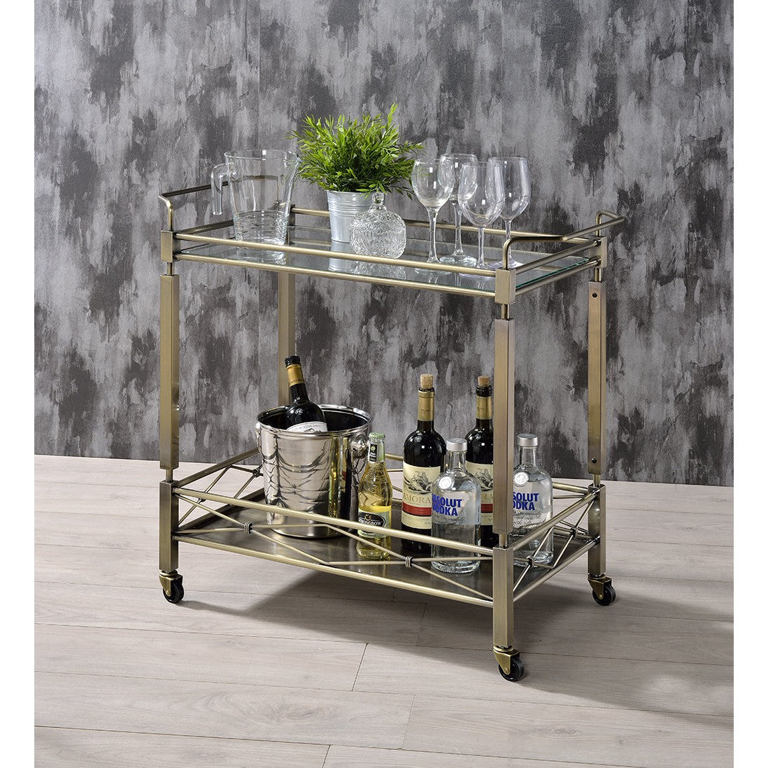 HomeRoots 32" x 16" x 30" Metal Serving Cart In Antique Brass Finish