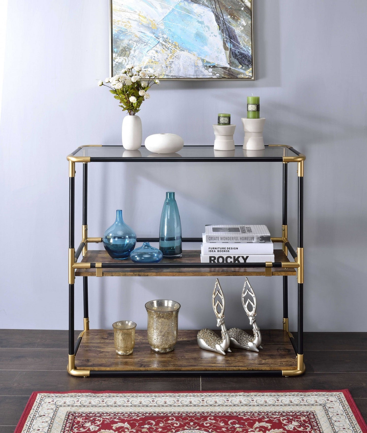HomeRoots 33" Clear Glass Mirrored End Table With Two Shelves in Black and Gold Finish