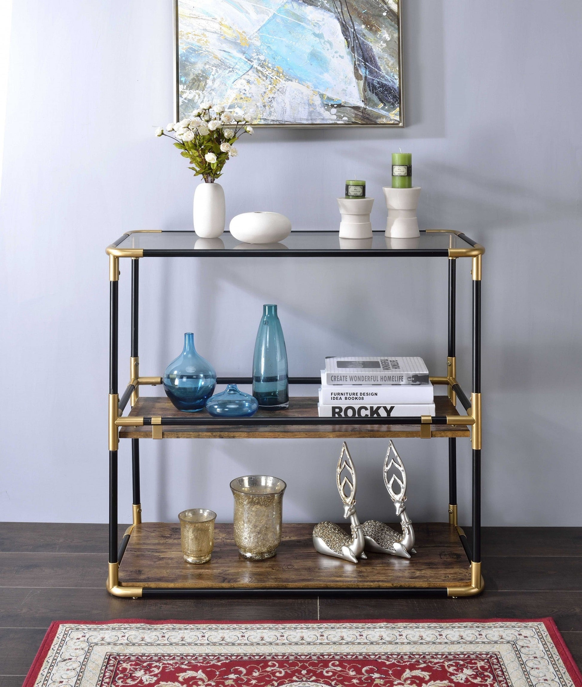 HomeRoots 33" Clear Glass Mirrored End Table With Two Shelves in Black and Gold Finish