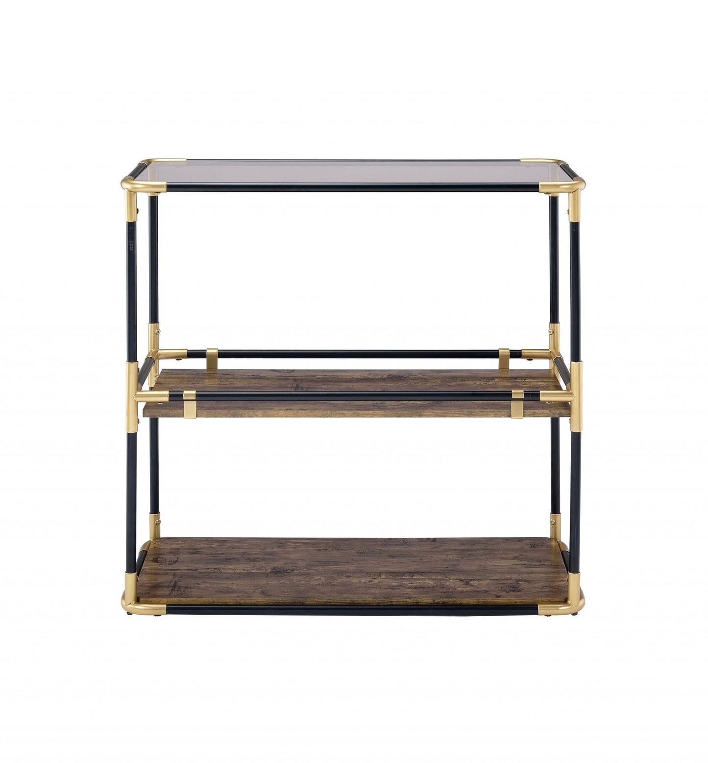 HomeRoots 33" Clear Glass Mirrored End Table With Two Shelves in Black and Gold Finish