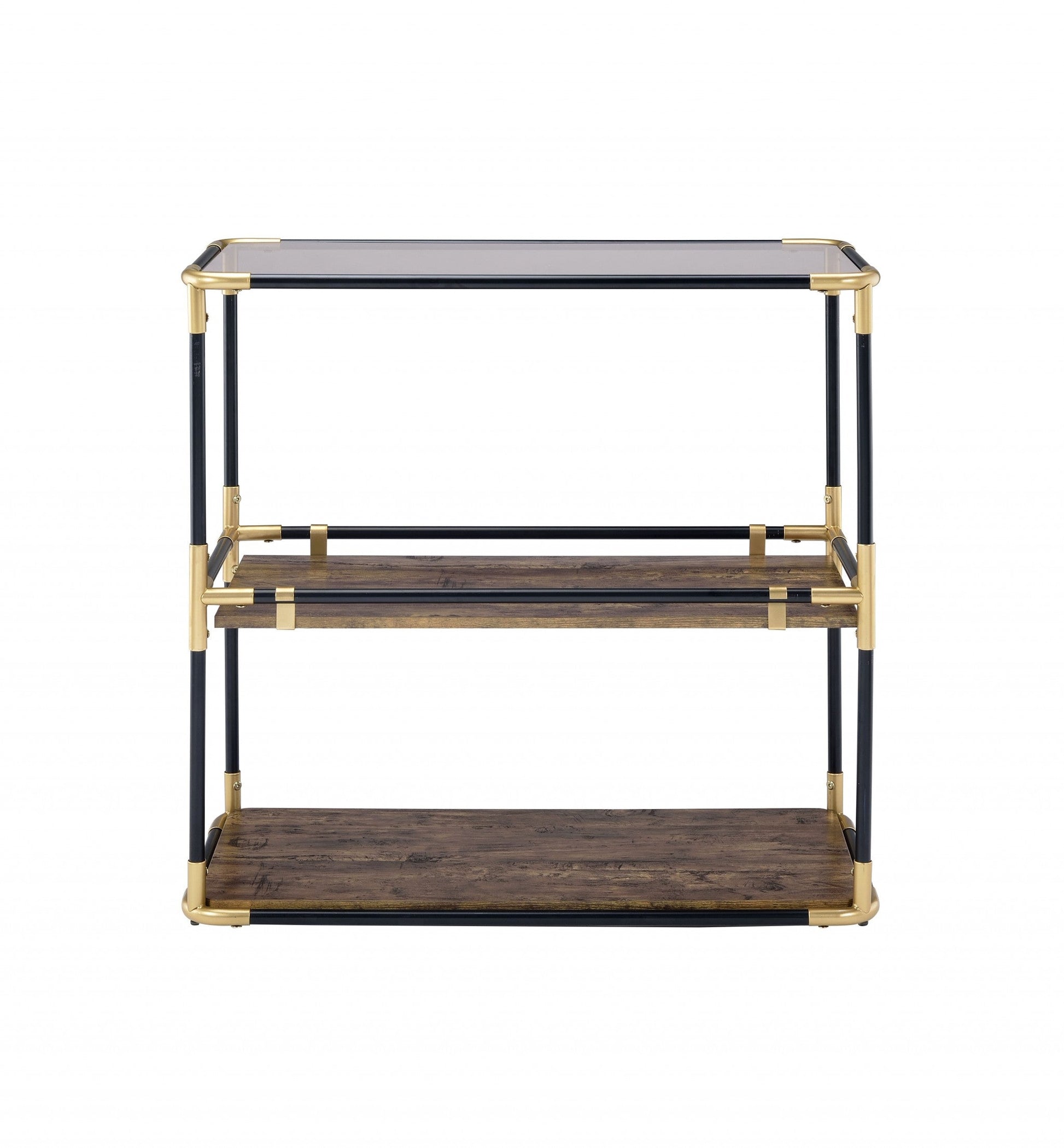 HomeRoots 33" Clear Glass Mirrored End Table With Two Shelves in Black and Gold Finish