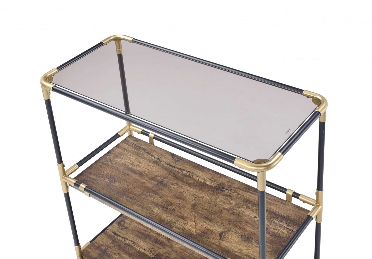 HomeRoots 33" Clear Glass Mirrored End Table With Two Shelves in Black and Gold Finish