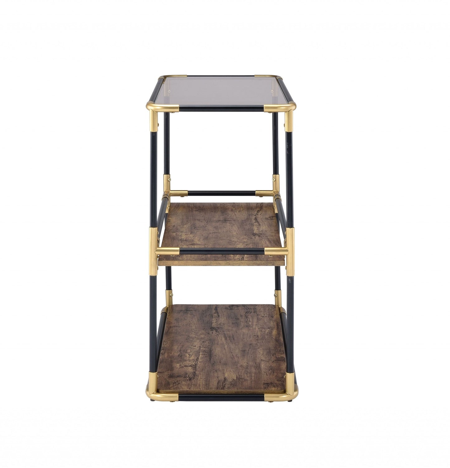 HomeRoots 33" Clear Glass Mirrored End Table With Two Shelves in Black and Gold Finish