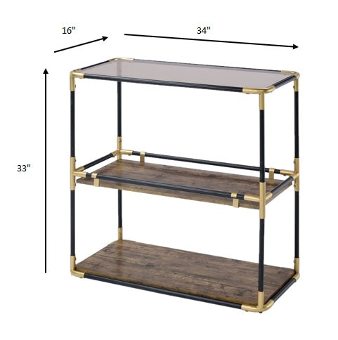 HomeRoots 33" Clear Glass Mirrored End Table With Two Shelves in Black and Gold Finish