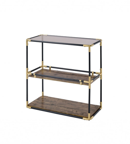 HomeRoots 33" Clear Glass Mirrored End Table With Two Shelves in Black and Gold Finish