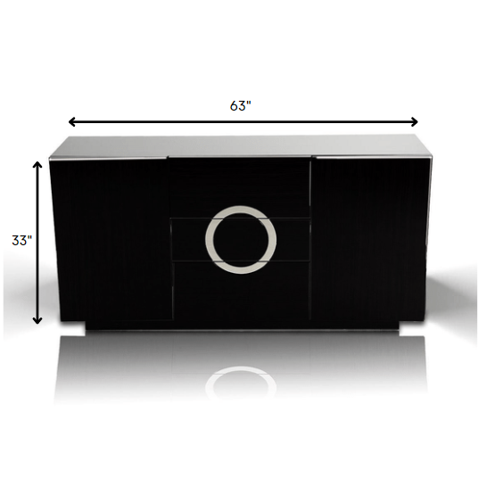 HomeRoots 33" MDF Buffet With 2 Doors And 3 Drawers In Black Lacquer