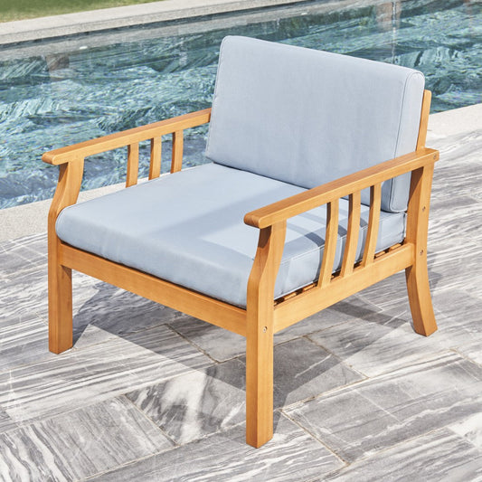 HomeRoots 33" Natural Eucalyptus Slat Wood Outdoor Accent Chair With Aqua Cushion