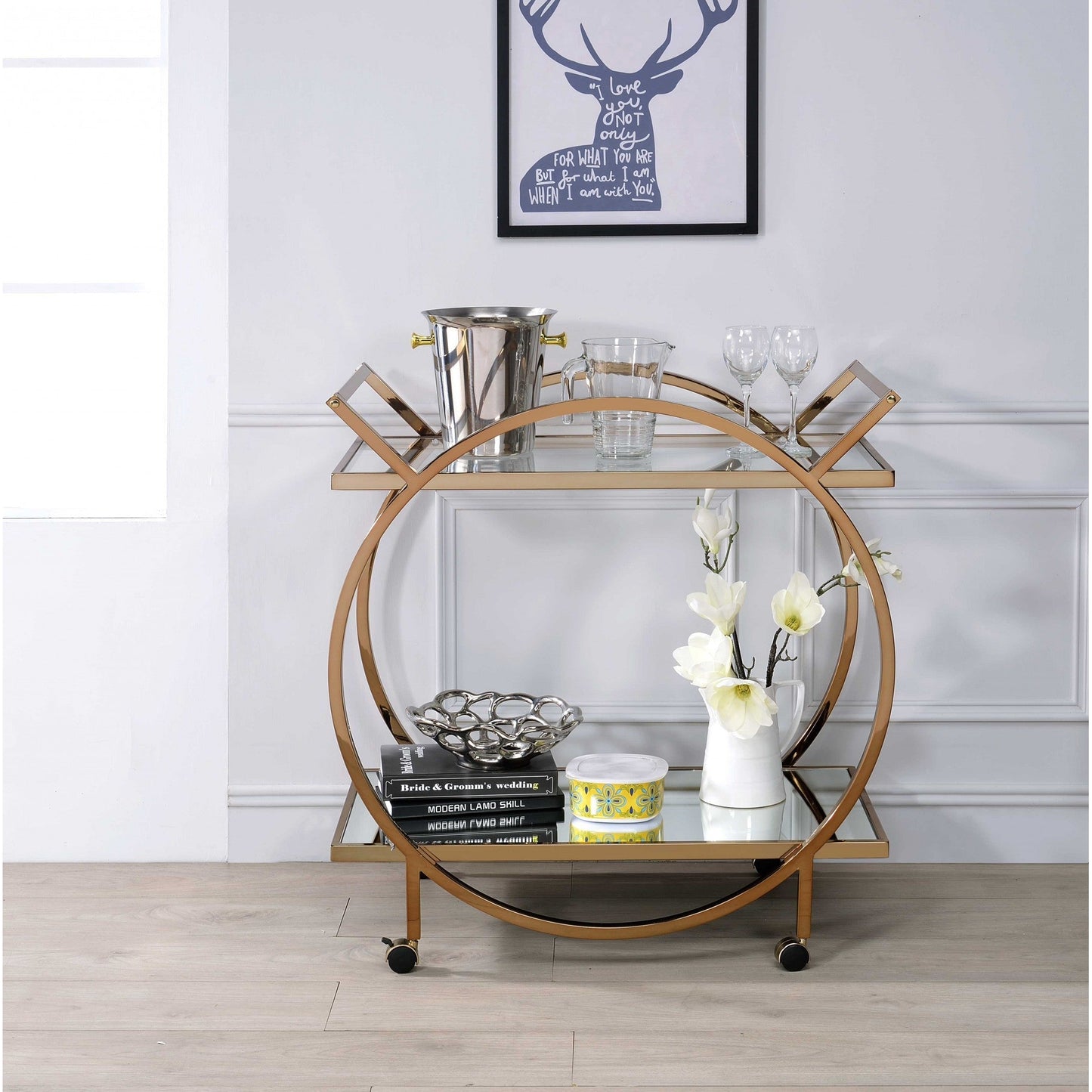 HomeRoots 33" x 19" x 35" Metal Tube Serving Cart In Champagne Finish