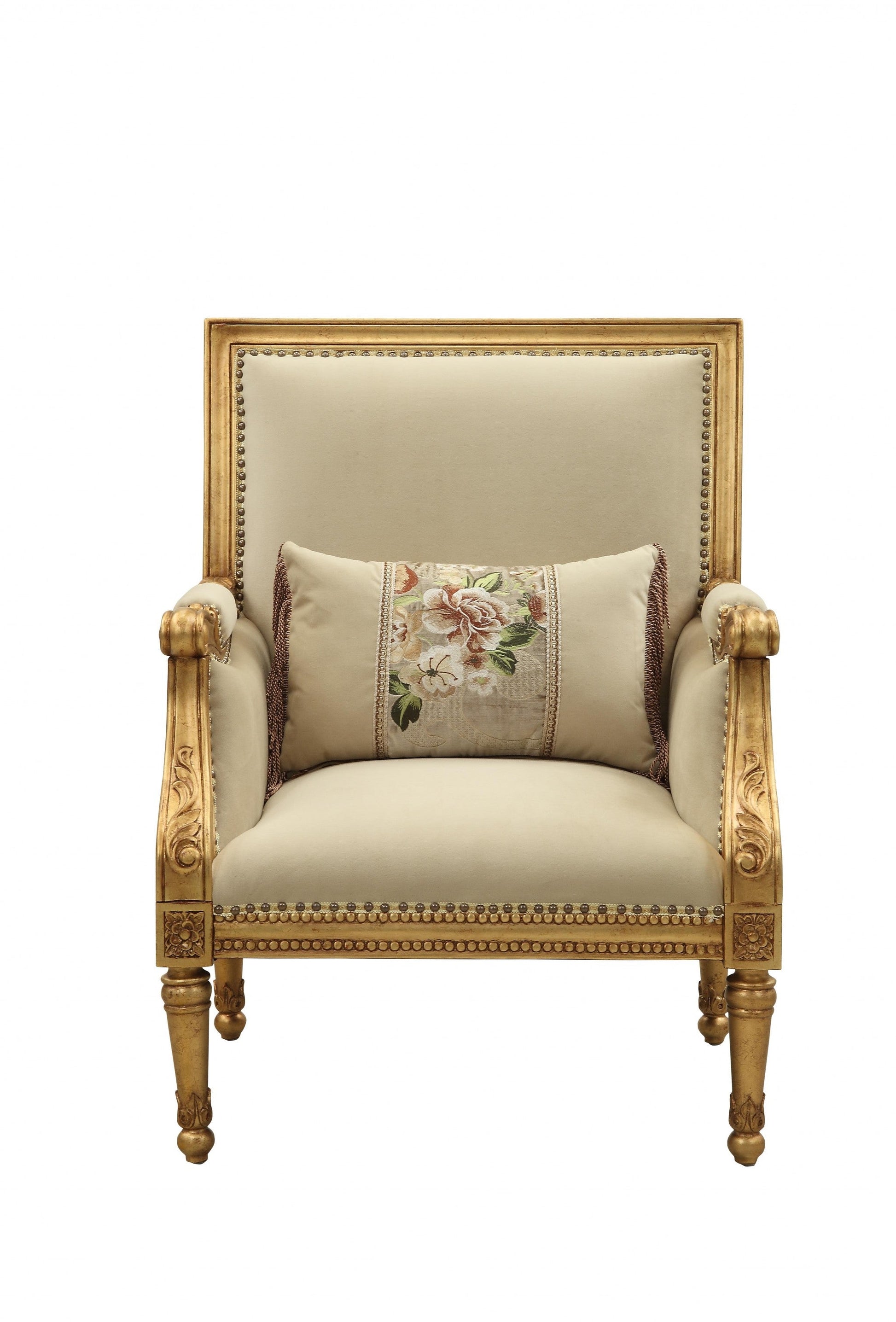 HomeRoots 33' x 32' x 41' Fabric Antique Gold Upholstery Wood LegTrim Accent Chair Pillow