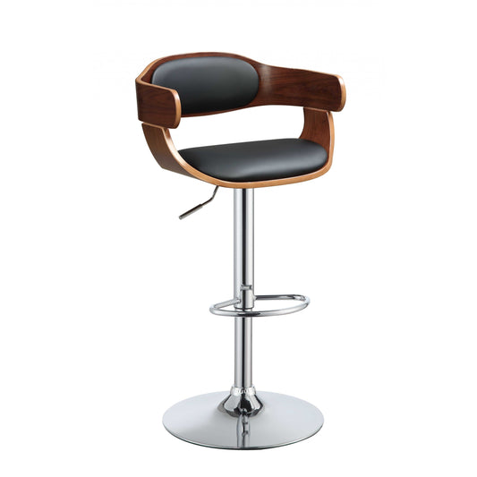 HomeRoots 34" Black Faux Leather Adjustable Swivel Bar Stool In Sleek Walnut Finish With Chrome Base