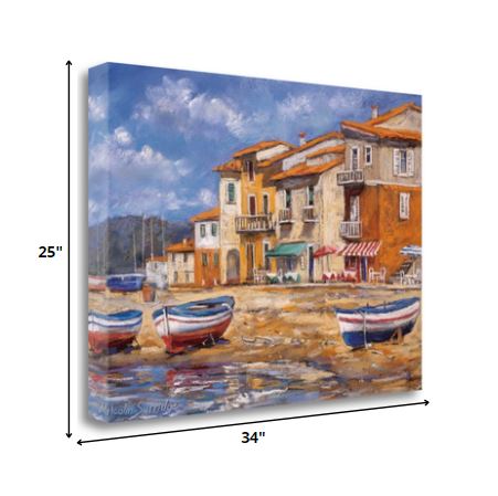 HomeRoots 34" Boats Docked Near Cafes Bright Sunny Day Giclee Wrap Canvas Wall Art