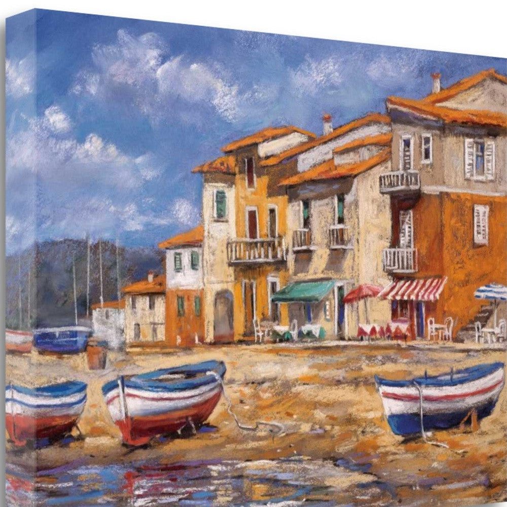 HomeRoots 34" Boats Docked Near Cafes Bright Sunny Day Giclee Wrap Canvas Wall Art