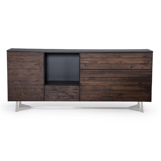 HomeRoots 34" Dark Aged Oak Veneer Steel And Wood Buffet