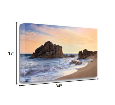 HomeRoots 34" Gushing Waves with Black Ocean Rocks Giclee Wrap Canvas Wall Art