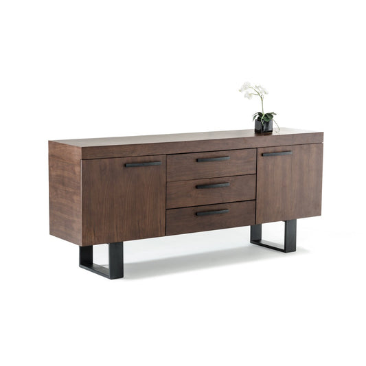 HomeRoots 34" Walnut Veneer And Steel Buffet With 3 Drawers And 2 Doors