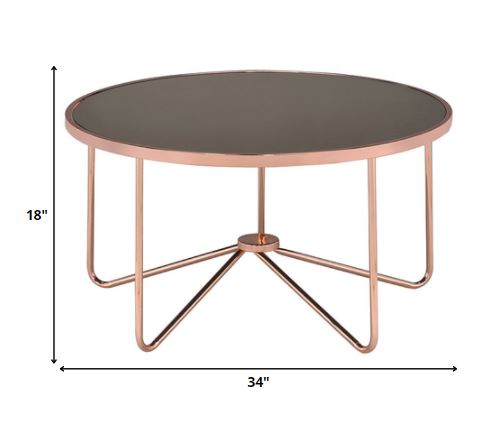 HomeRoots 34" x 34" x 18" Smoky Glass Coffee Table With Rose Gold Base Finish