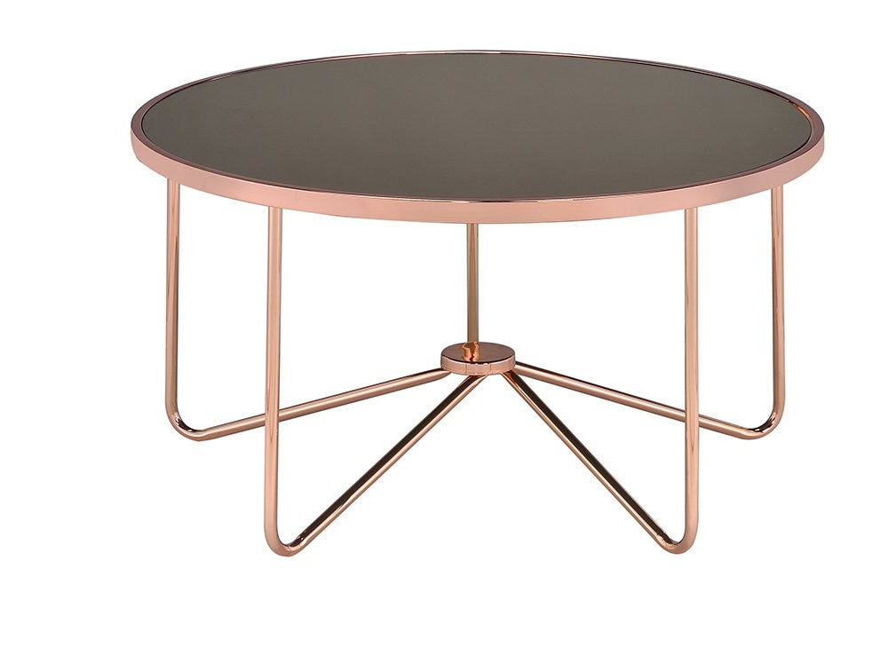 HomeRoots 34" x 34" x 18" Smoky Glass Coffee Table With Rose Gold Base Finish