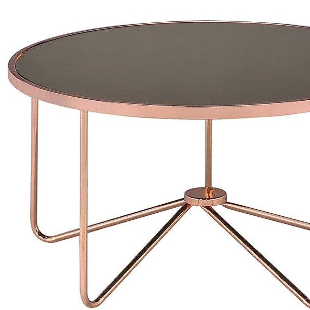 HomeRoots 34" x 34" x 18" Smoky Glass Coffee Table With Rose Gold Base Finish