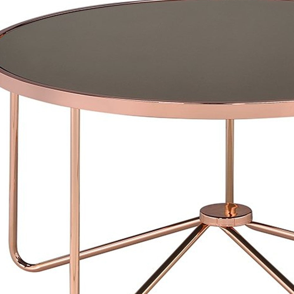 HomeRoots 34" x 34" x 18" Smoky Glass Coffee Table With Rose Gold Base Finish