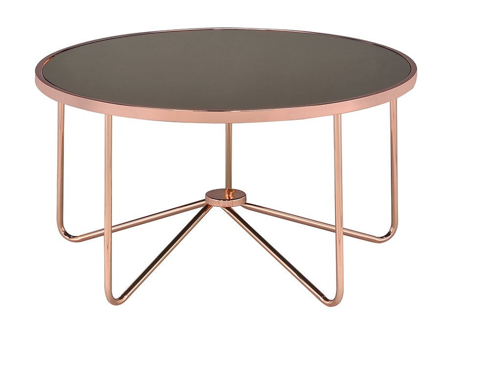 HomeRoots 34" x 34" x 18" Smoky Glass Coffee Table With Rose Gold Base Finish