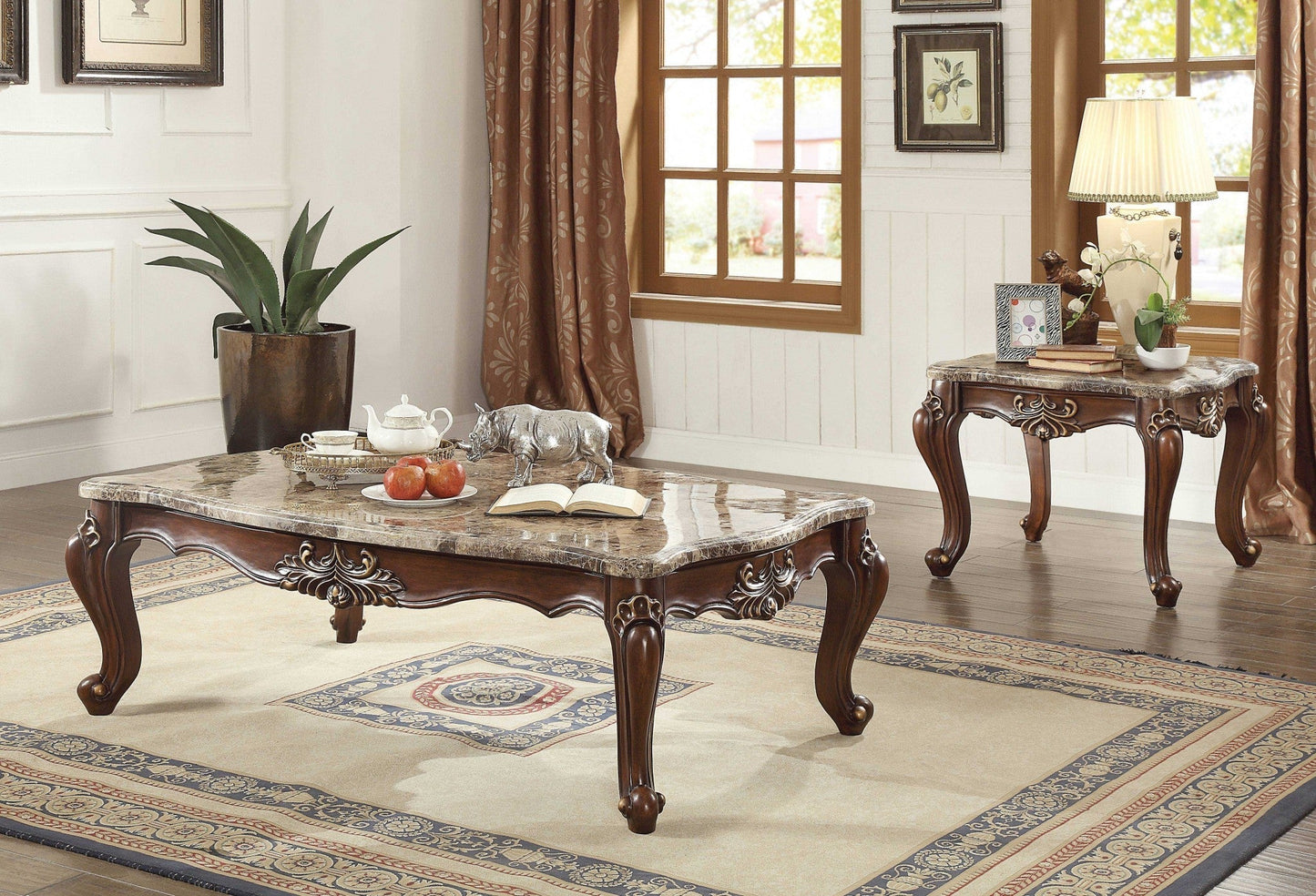 HomeRoots 34" x 60" x 20" Walnut Wood Coffee Table With Marble Top Finish