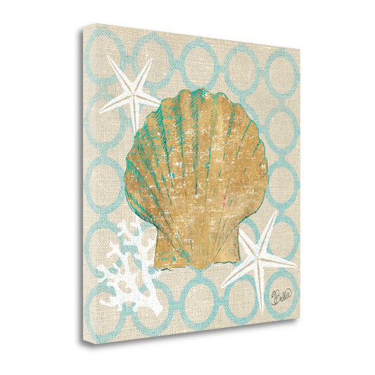 HomeRoots 35" Beach Seashell on Linen Giclee Print on Gallery Wrap Canvas Wall Art