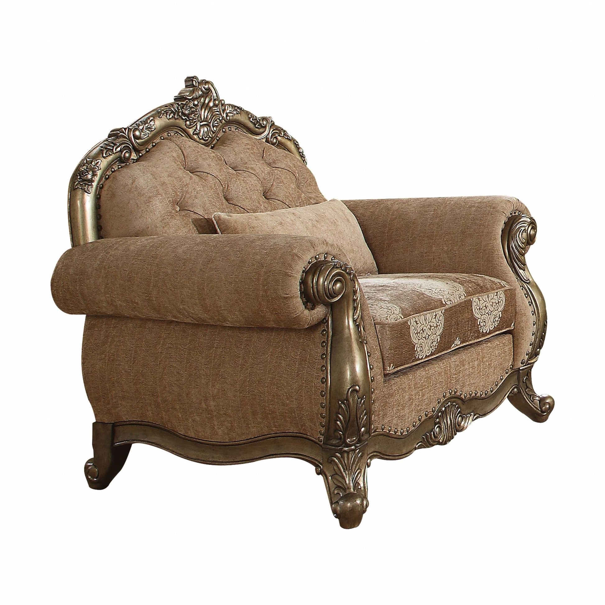 HomeRoots 35" Brown Linen Damask Tufted Arm Chair And Toss Pillow With Champagne Frame Finish
