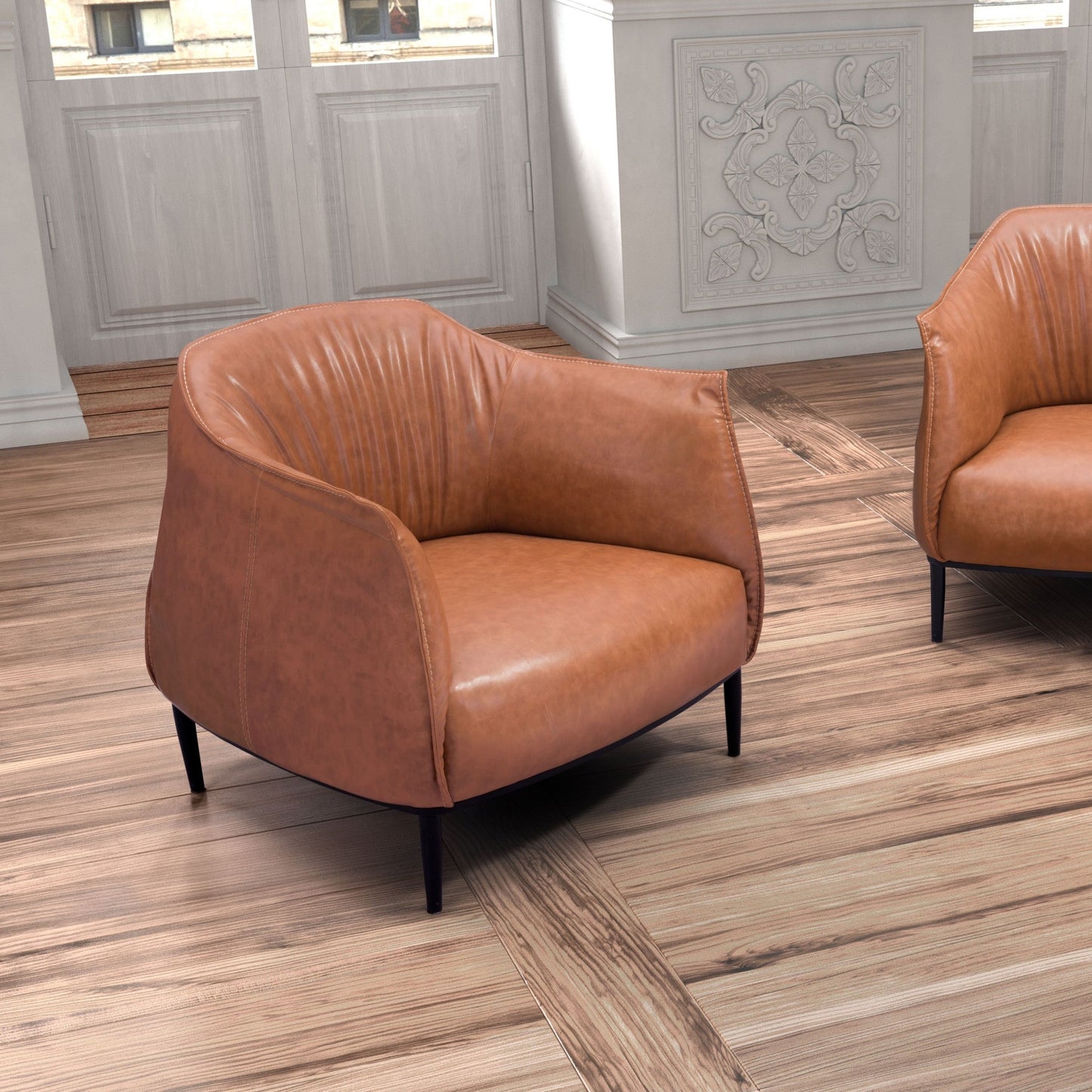 HomeRoots 35" Coffee And Brown Faux Leather Barrel Chair