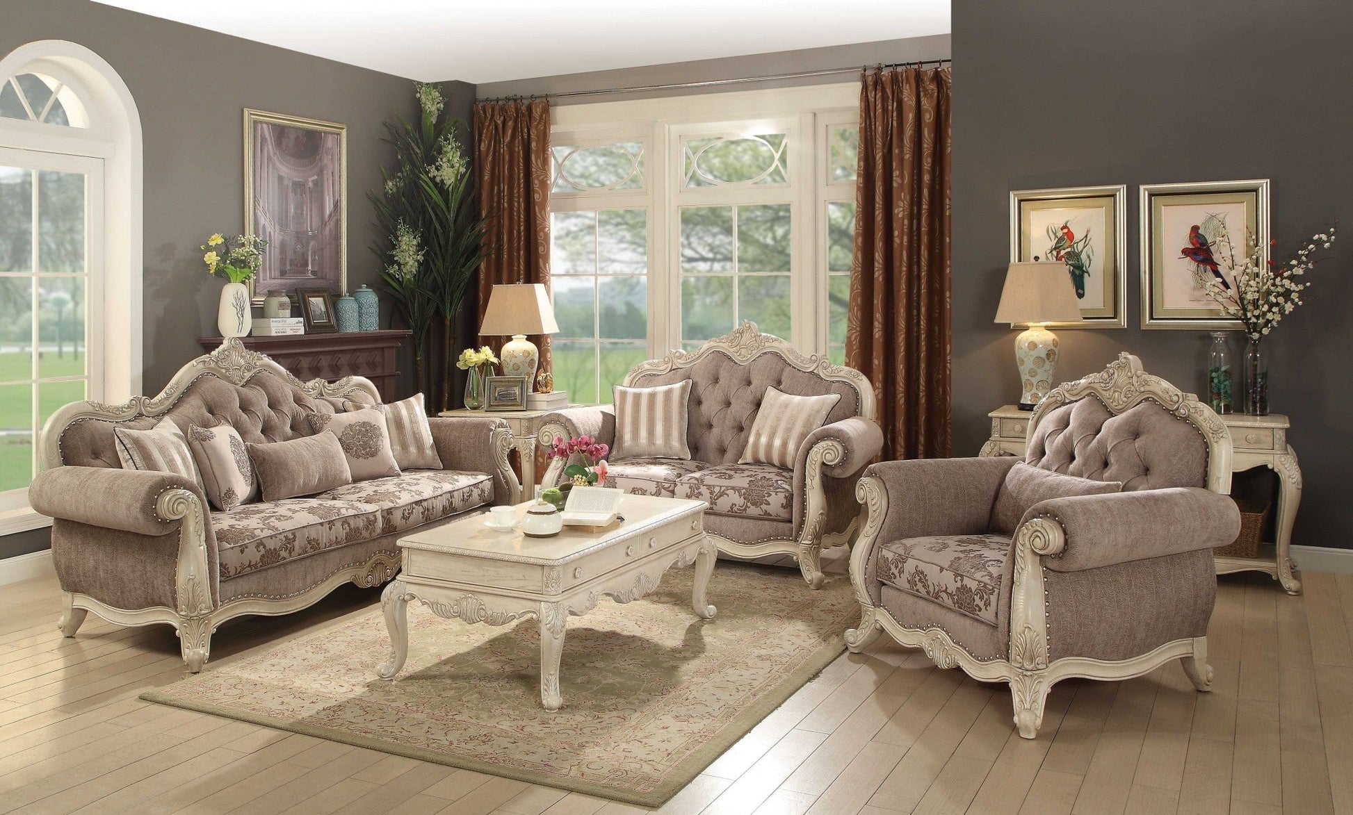 HomeRoots 35" Gray Fabric Damask Tufted Chesterfield Chair With Pearl Base Finish