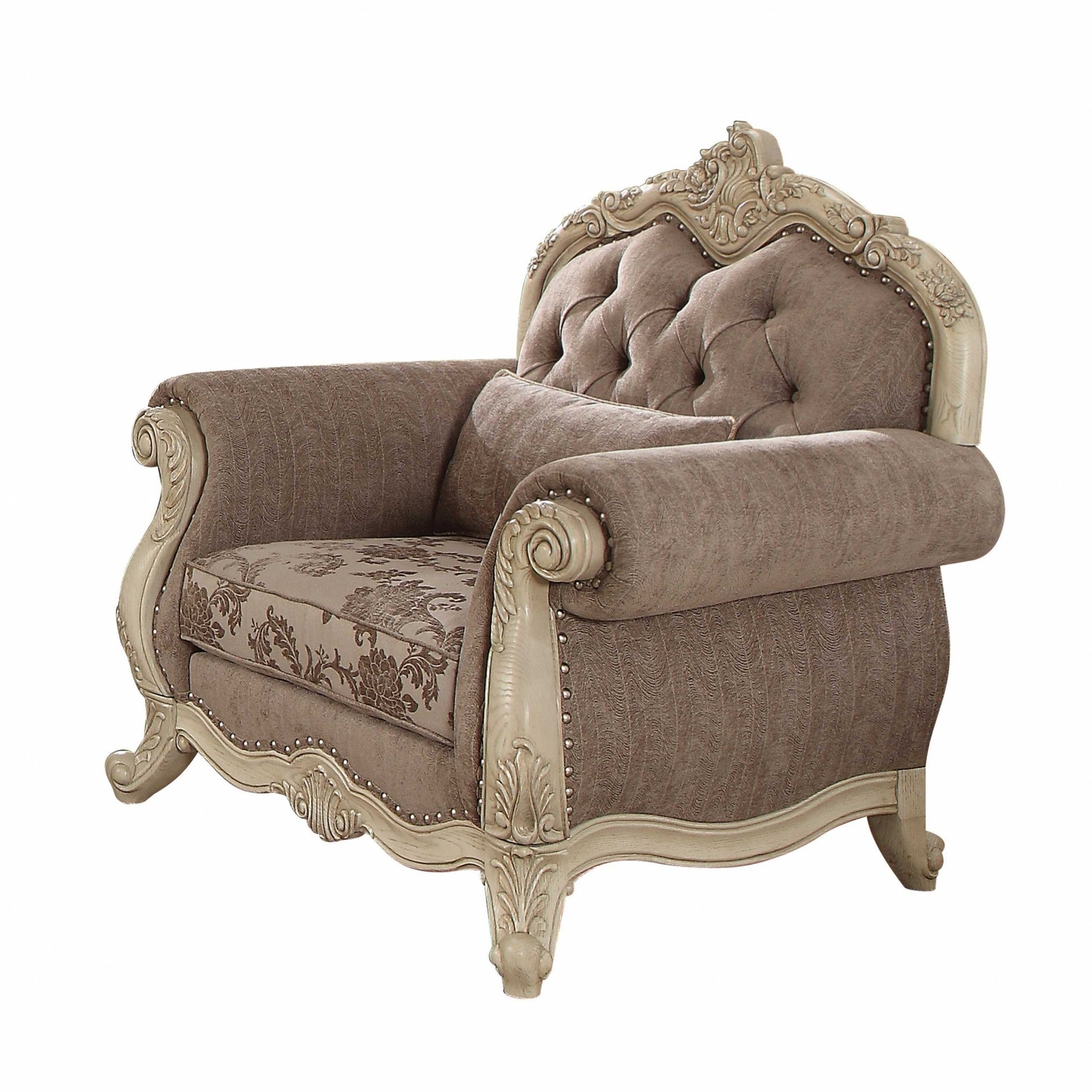 HomeRoots 35" Gray Fabric Damask Tufted Chesterfield Chair With Pearl Base Finish