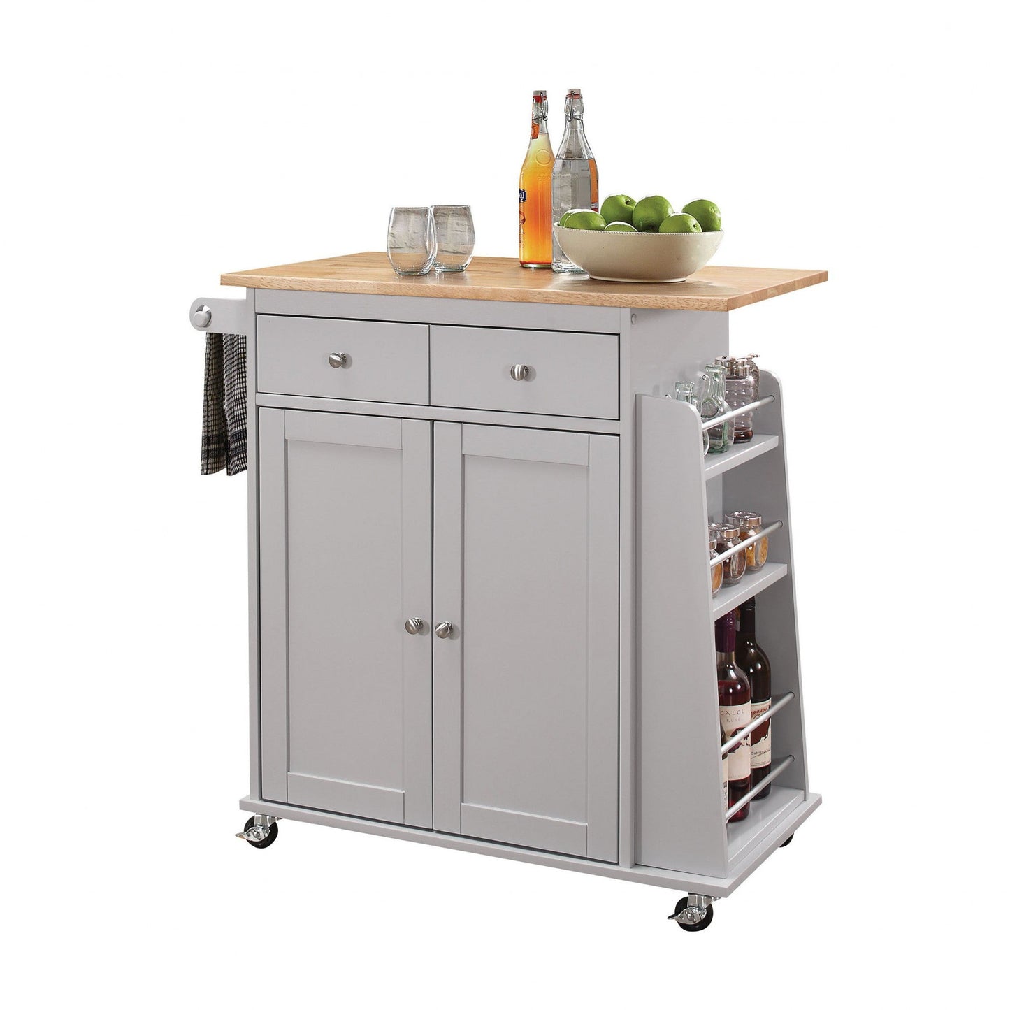 HomeRoots 35" x 18" x 34" Natural And Gray Rubber Wood Kitchen Cart