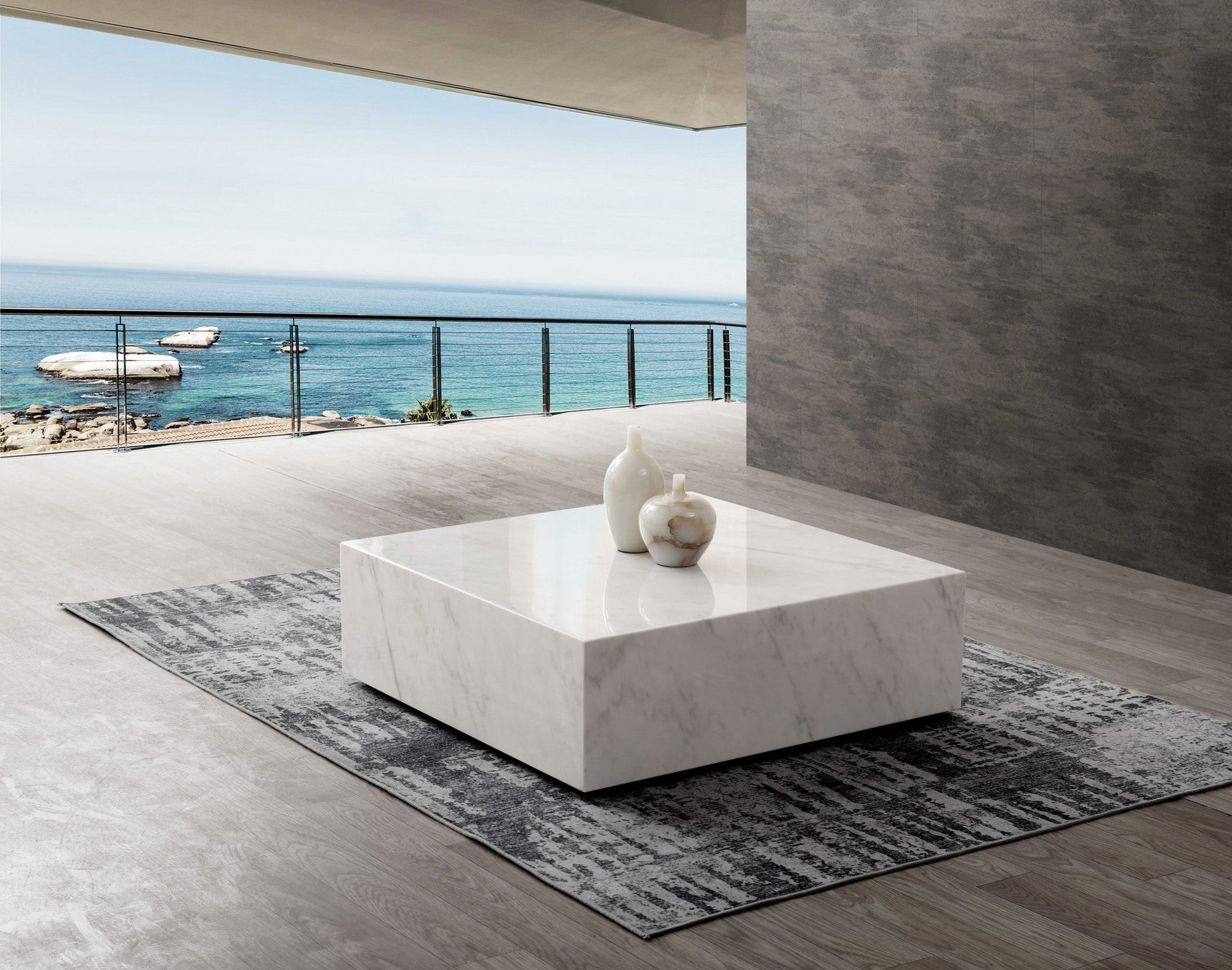 HomeRoots 35 x 35 x 11 White Marble Coffee Table with Casters