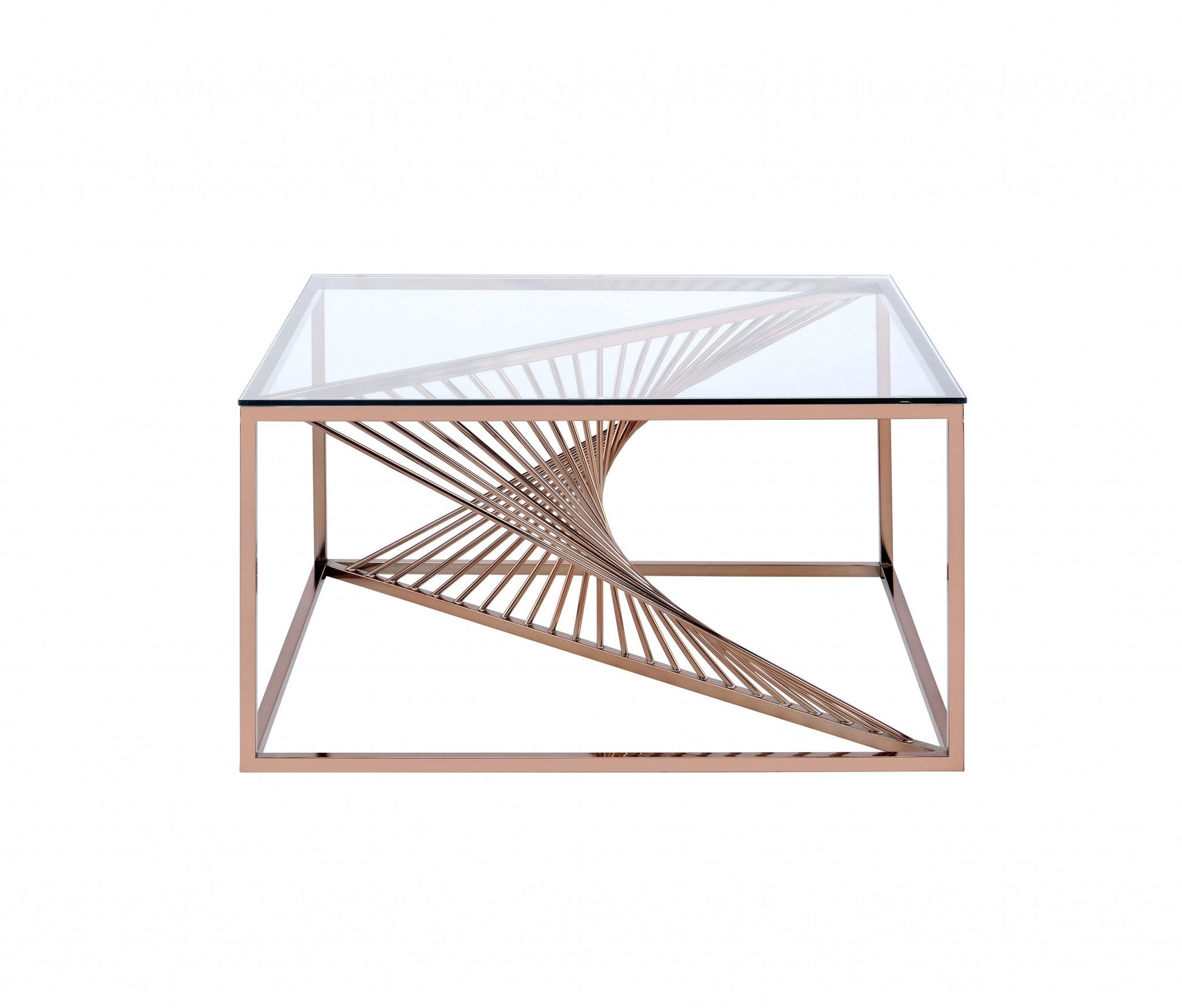 HomeRoots 35" x 35" x 19" Brushed Copper And Clear Glass Coffee Table