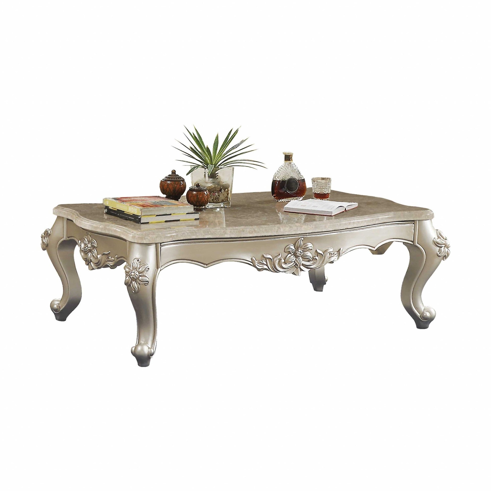 HomeRoots 35' x 57' x 20' Marble Champagne Wood Coffee Table