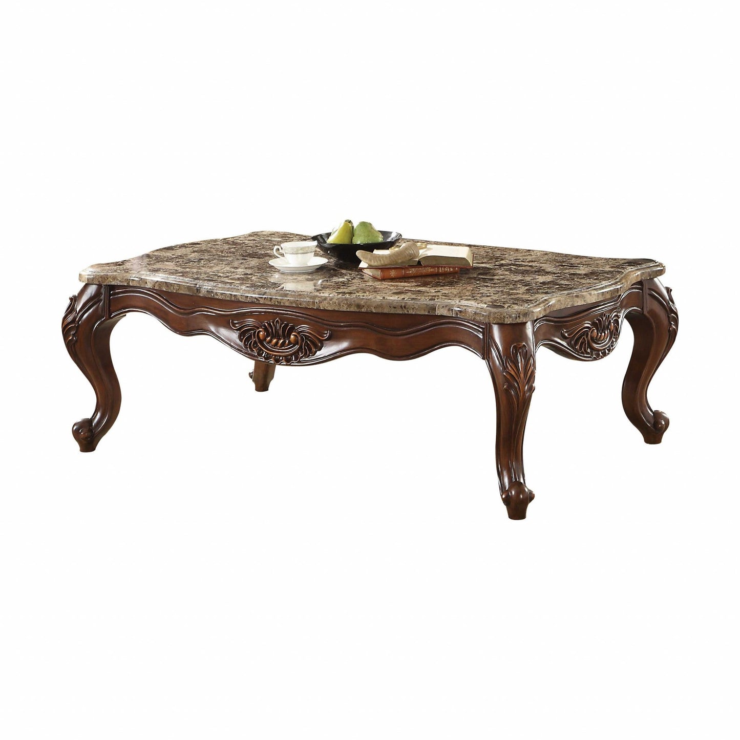 HomeRoots 35' x 58' x 20' Marble Cherry Oak Wood Coffee Table
