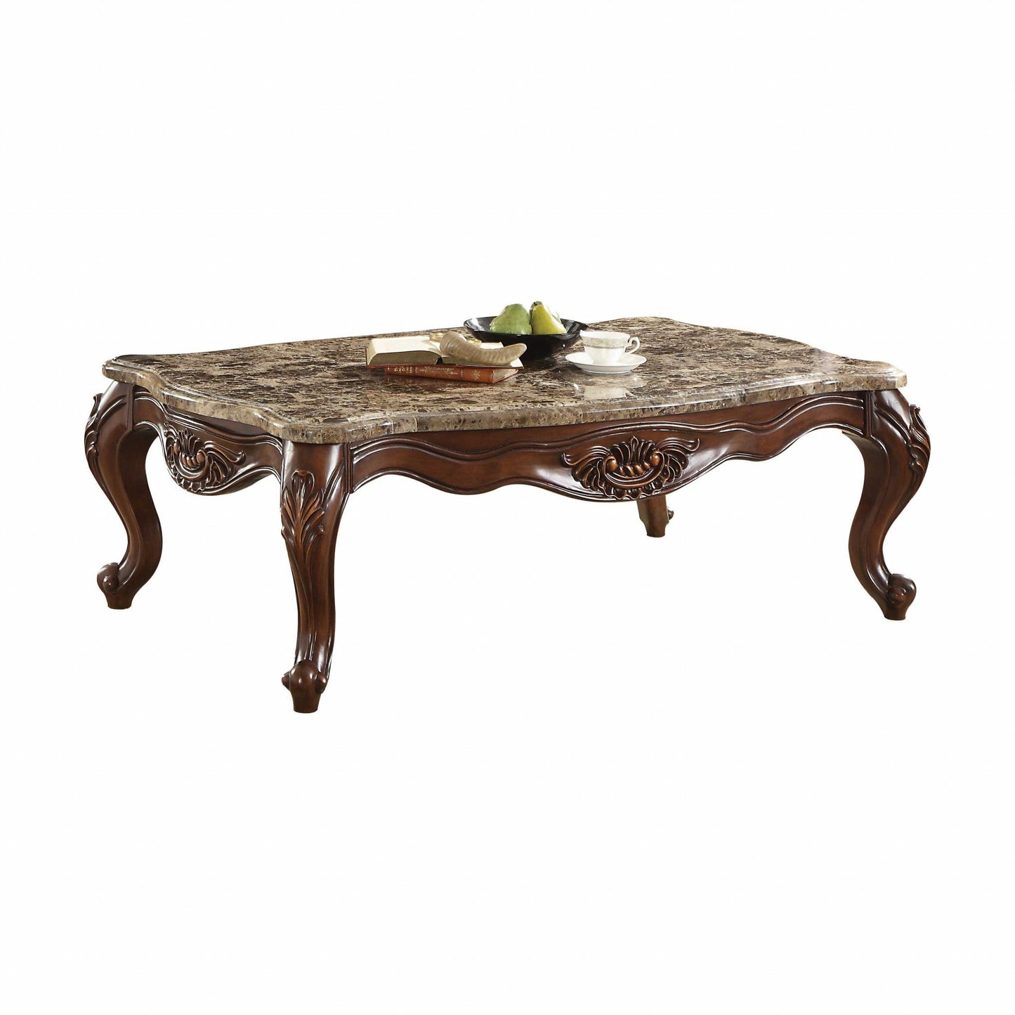 HomeRoots 35' x 58' x 20' Marble Cherry Oak Wood Coffee Table